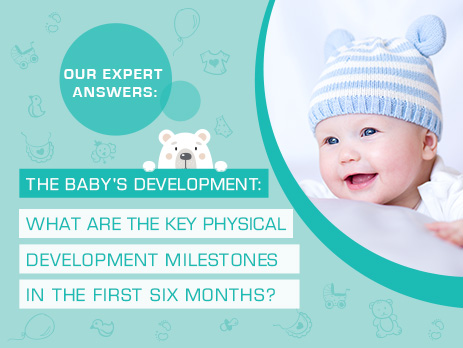 What are the key physical developmental milestones in a babys first 6 months?